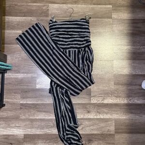 Heart & Hips Strapless Striped Jumpsuit Wide Leg Black White Size M